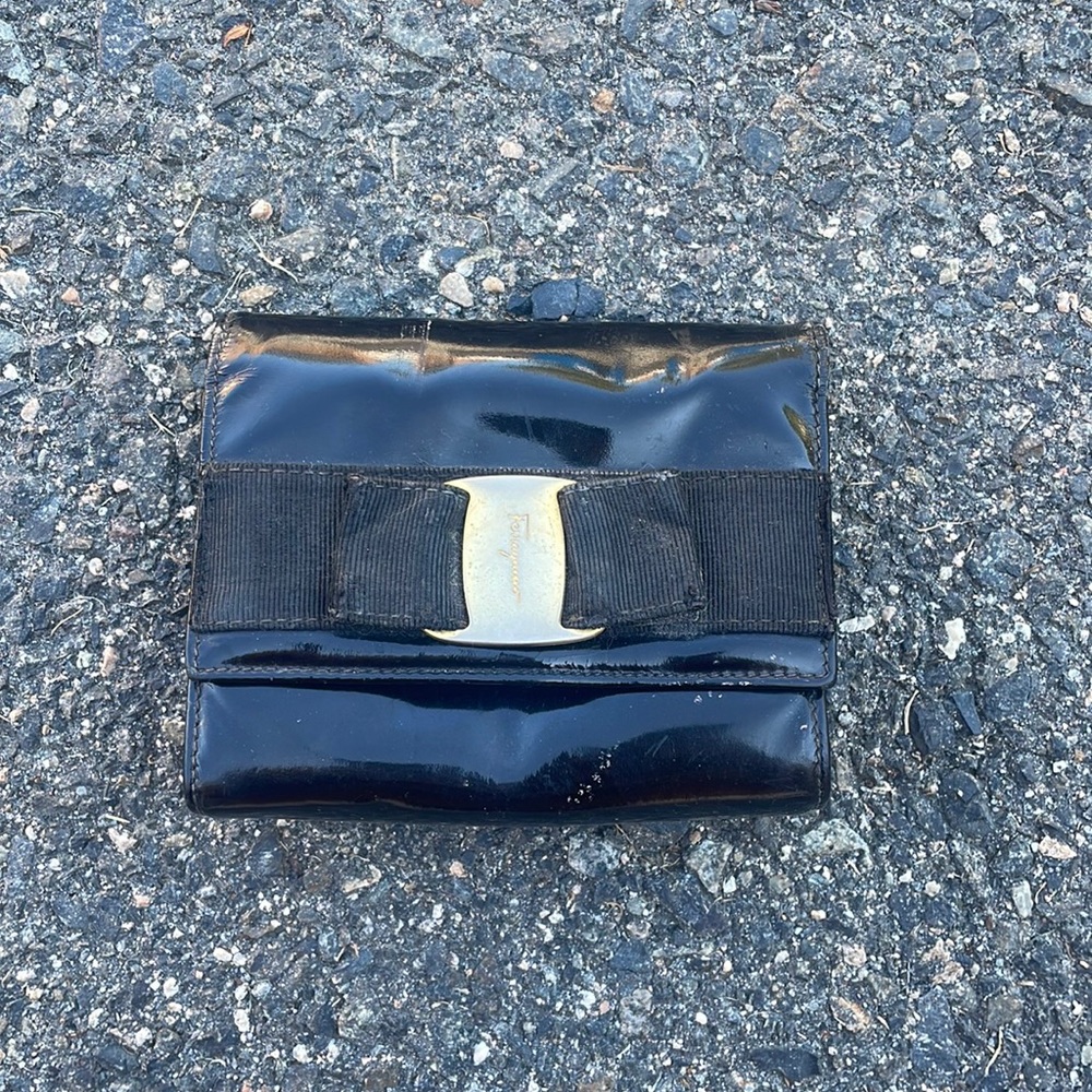 Ferragamo black patent leather clutch wallet on chain belt pouch